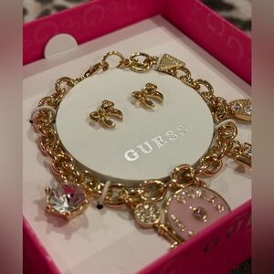 GUESS Gold Bracelet with Pink Charms and earrings set